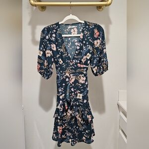 Mi ami Teal Green Floral Midi Wrap Dress